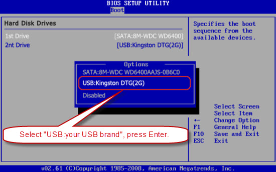 select usb as first boot device