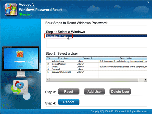 load windows password reset standard