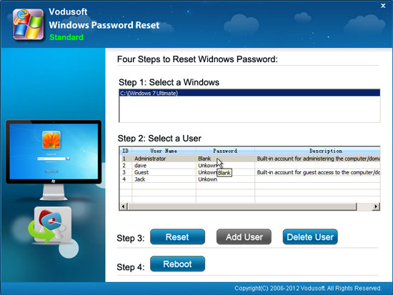 reset user accounts' password in Windows 7