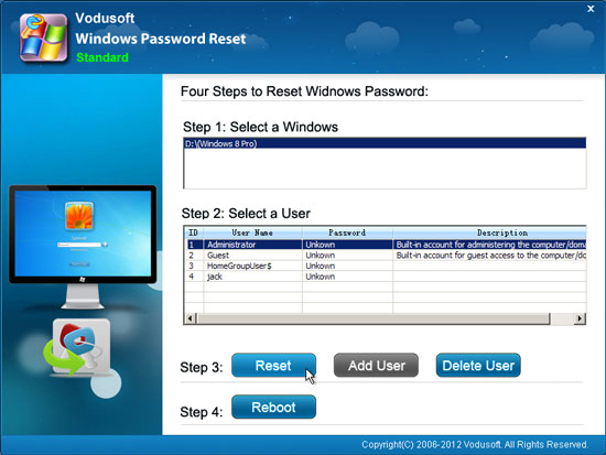 select user account to reset its password