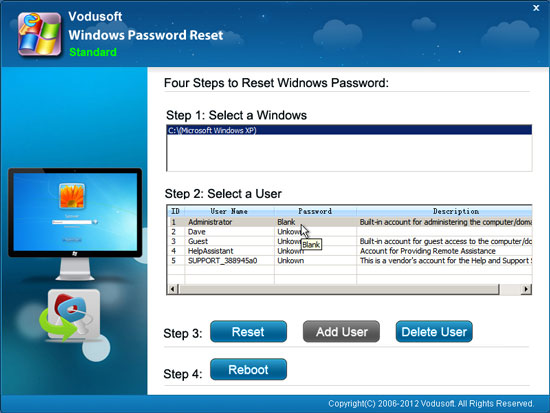reset Windows XP user password